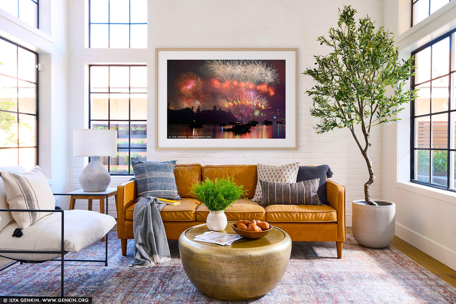 Sydney's New Year Eve Fireworks 2015 over Harbour Bridge wall art in a contemporary living room interior