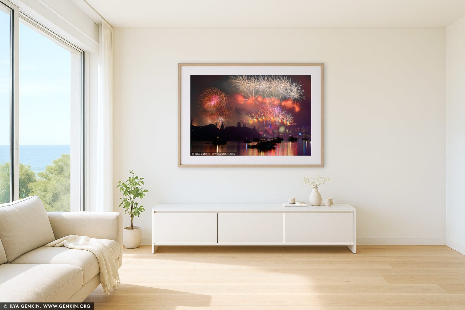 Sydney's New Year Eve Fireworks 2015 over Harbour Bridge wall art in a contemporary living room interior