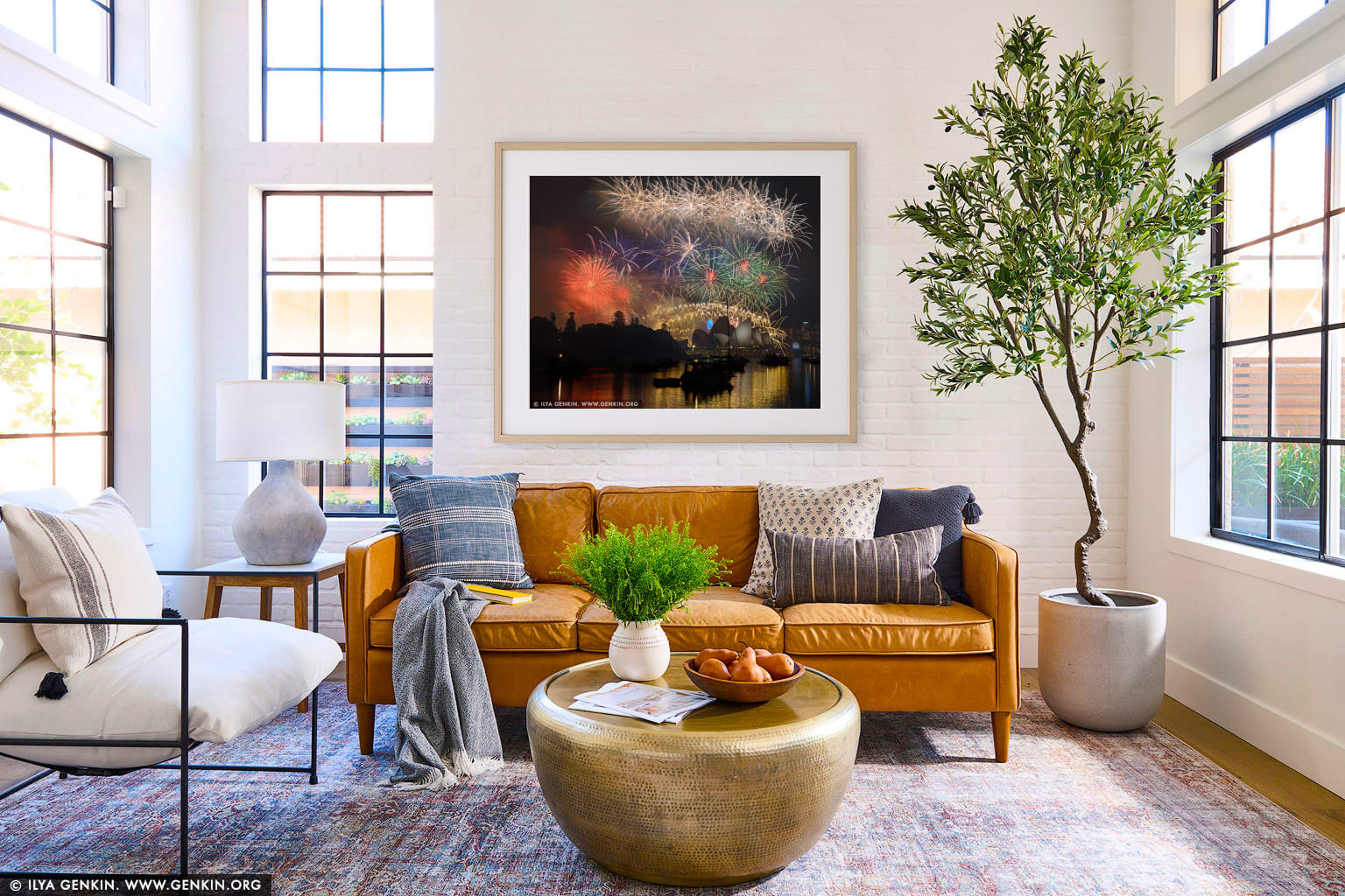 Sydney's New Year Eve Fireworks 2015 over Harbour Bridge wall art in a minimalist living room interior