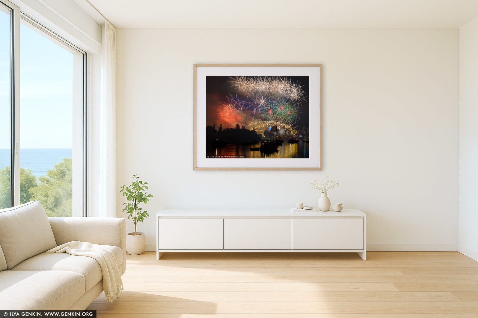 Sydney's New Year Eve Fireworks 2015 over Harbour Bridge wall art in a minimalist living room interior