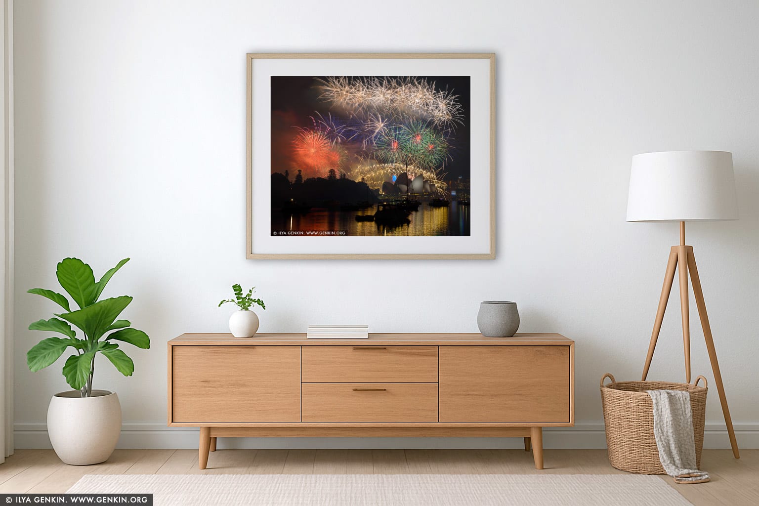 Sydney's New Year Eve Fireworks 2015 over Harbour Bridge wall art in a luxury living room interior