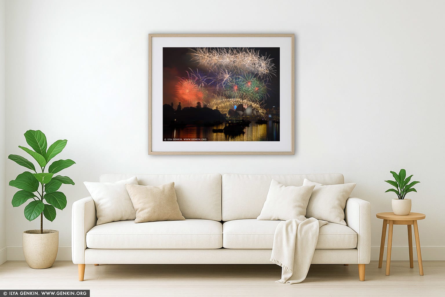 Sydney's New Year Eve Fireworks 2015 over Harbour Bridge wall art in a contemporary living room interior
