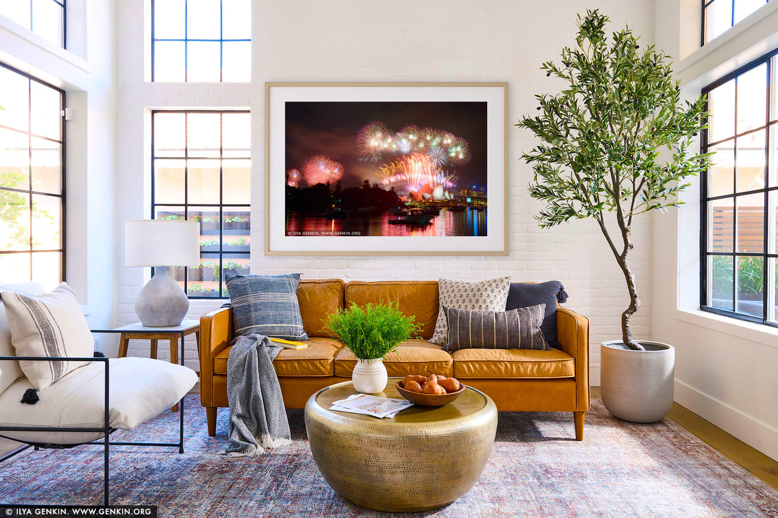 Sydney's New Year Eve Fireworks 2015 over Harbour Bridge wall art in a contemporary living room interior