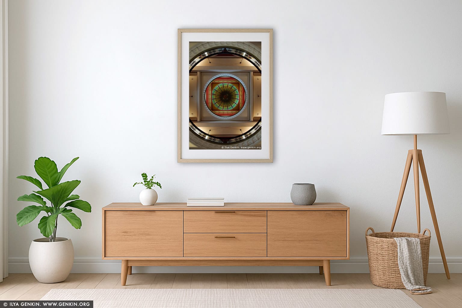 Interior of the Queen Victoria Building (QVB) wall art in a minimalist living room interior