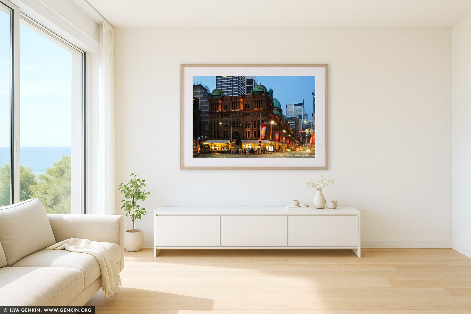 Queen Victoria Building (QVB) at Dusk wall art in a contemporary living room interior