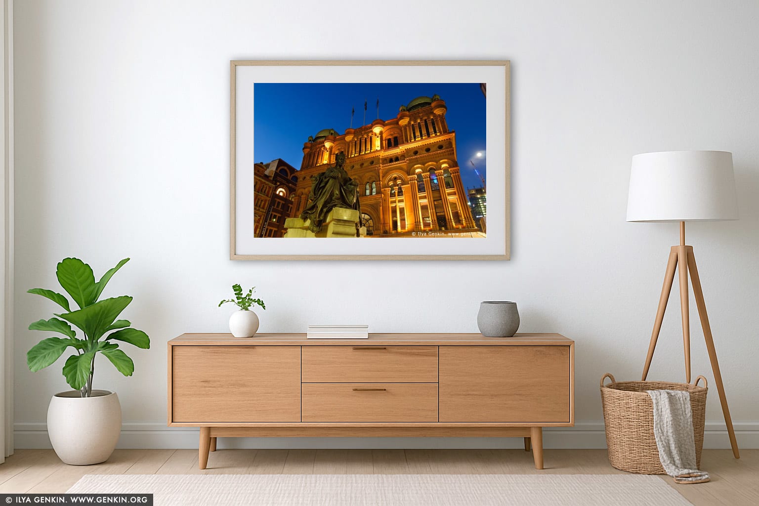 Queen Victoria Building (QVB) at Dusk wall art in a modern living room interior