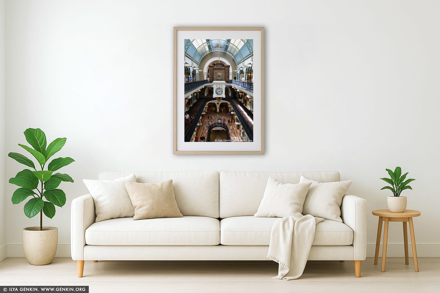 Interior of the Queen Victoria Building (QVB) wall art in a minimalist living room interior