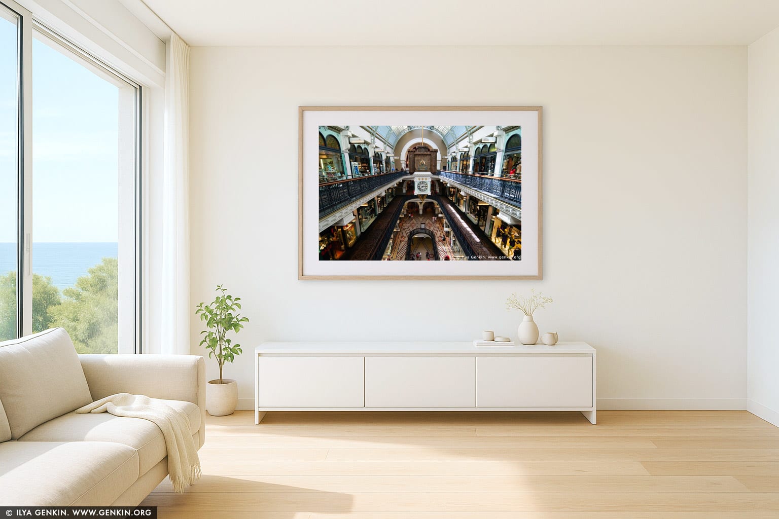 Interior of the Queen Victoria Building (QVB) wall art in a modern living room interior
