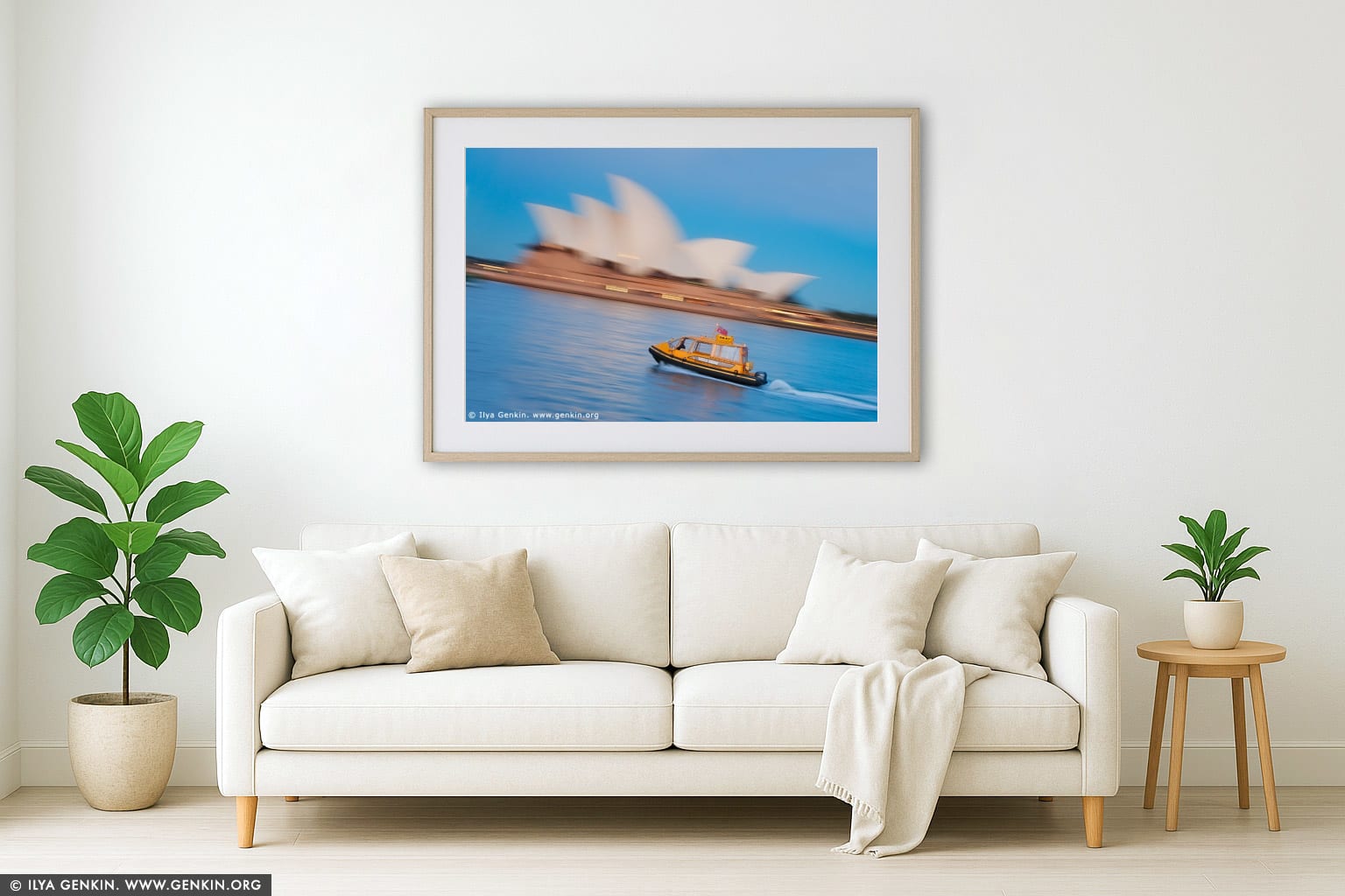 Water Taxi is Passing by Sydney Opera House wall art in a modern living room interior