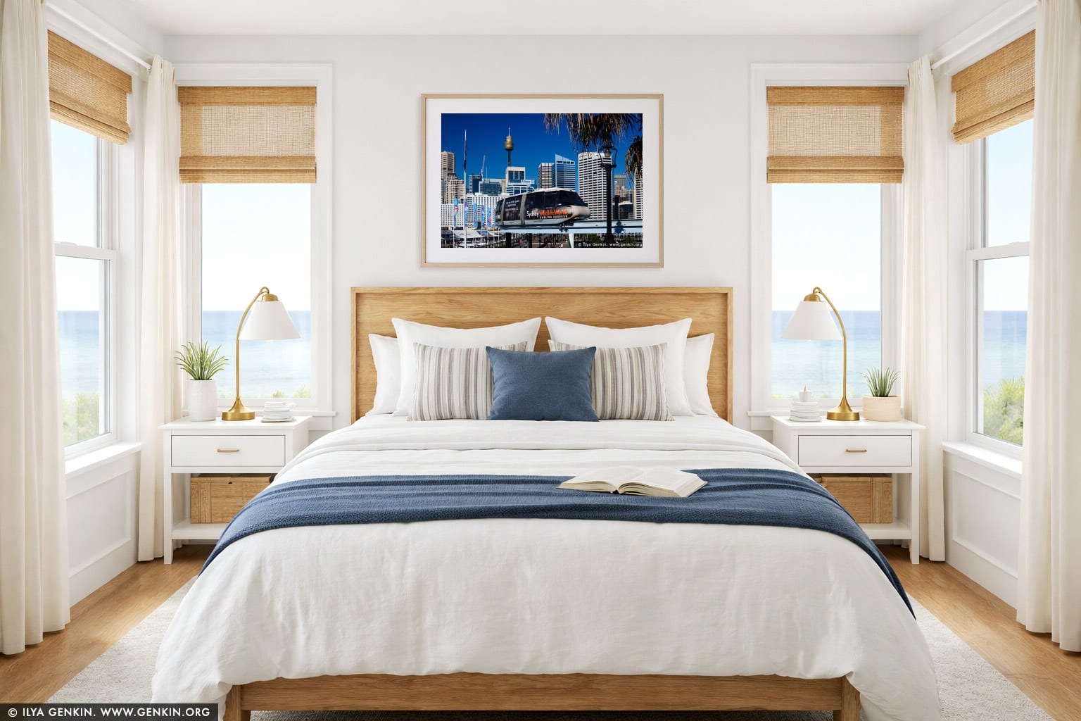 Sydney City and Monorail wall art in a bedroom interior