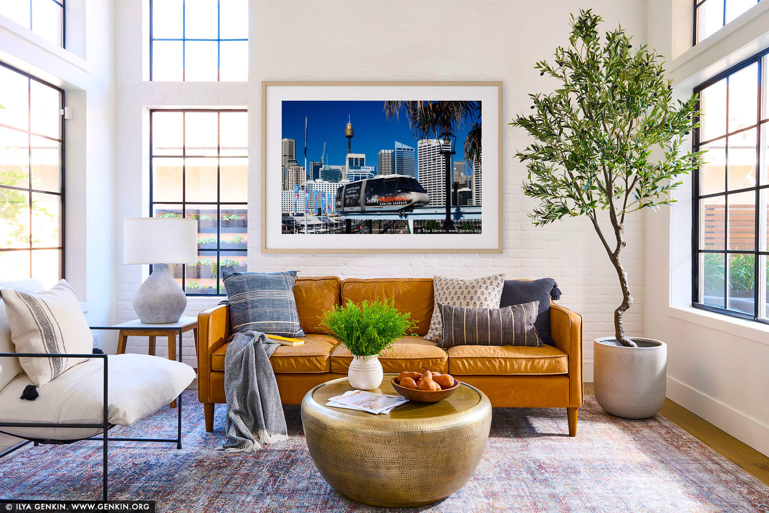 Sydney City and Monorail wall art in a contemporary living room interior
