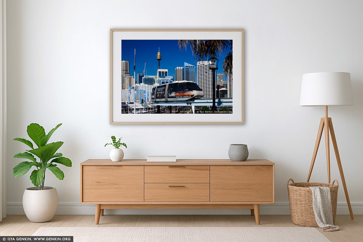 Sydney City and Monorail wall art in a minimalist living room interior