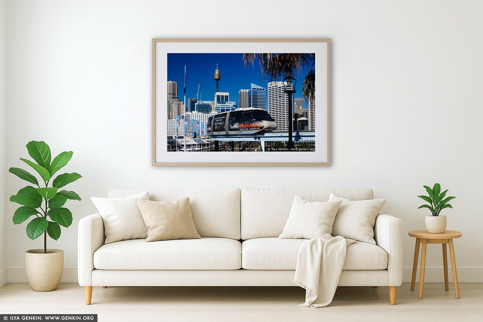 Sydney City and Monorail wall art in a modern living room interior