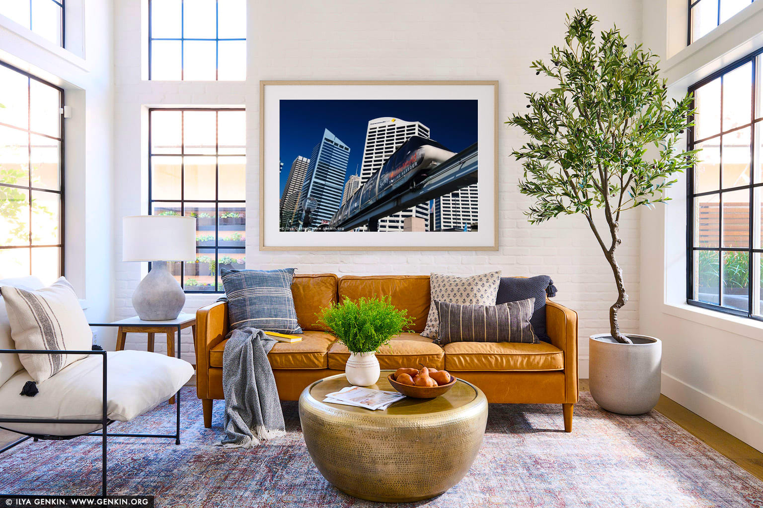 Sydney City and Monorail wall art in a minimalist living room interior