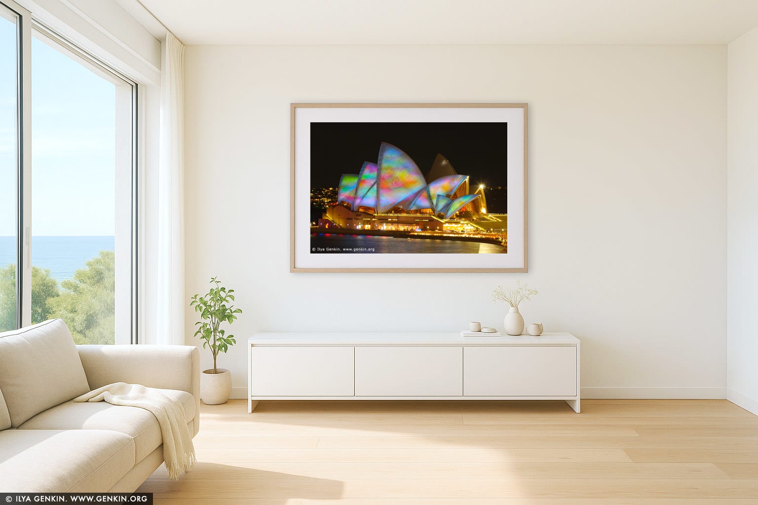 Lighting the Sails - Vivid Sydney 2011 wall art in a minimalist living room interior