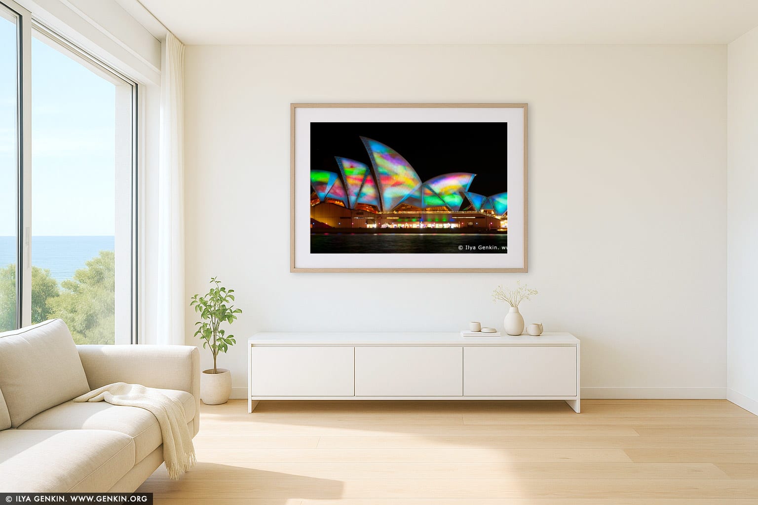 Lighting the Sails - Vivid Sydney 2011 wall art in a minimalist living room interior