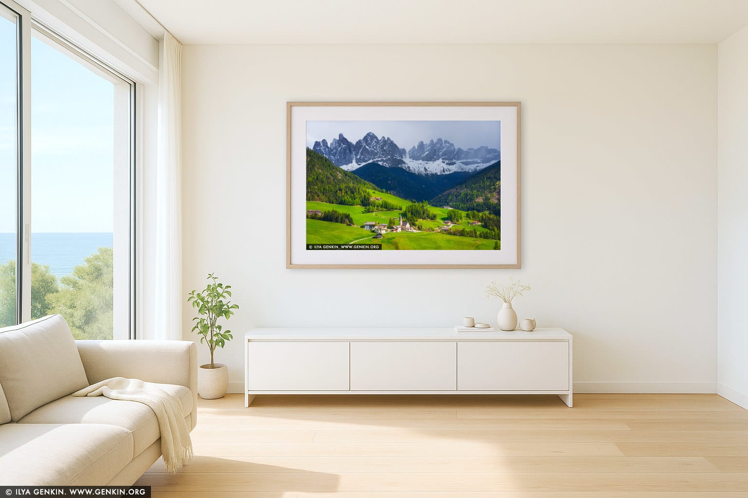 Storm Approaching Santa Maddalena wall art in a minimalist living room interior