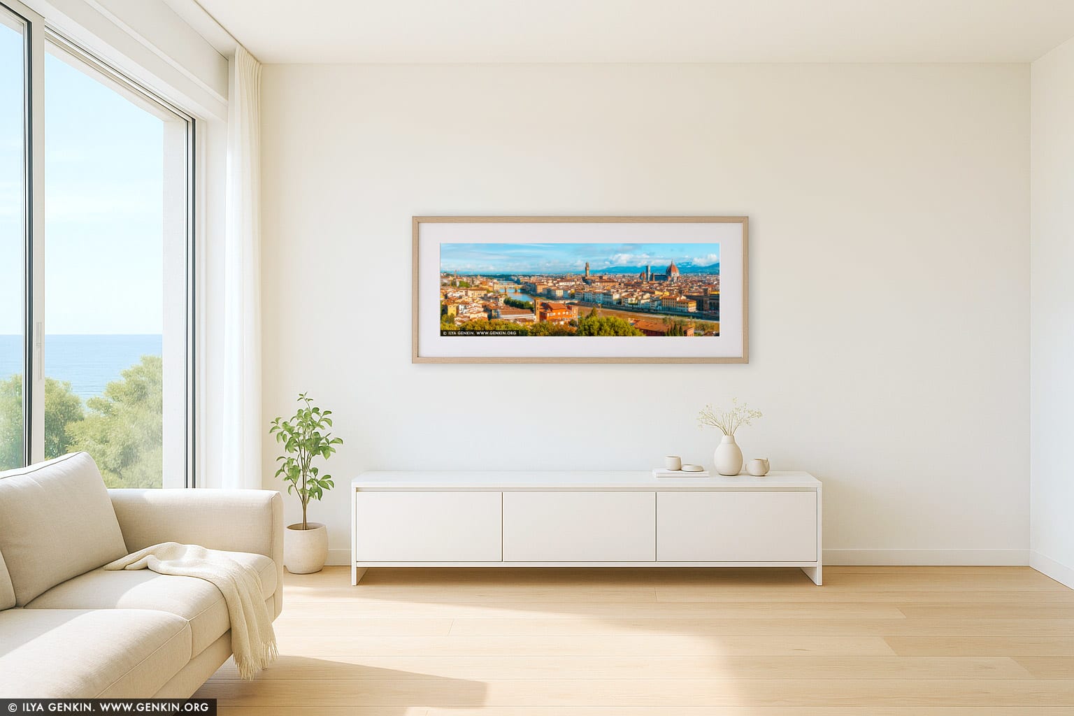 Panorama of Florence at Sunrise wall art in a contemporary living room interior