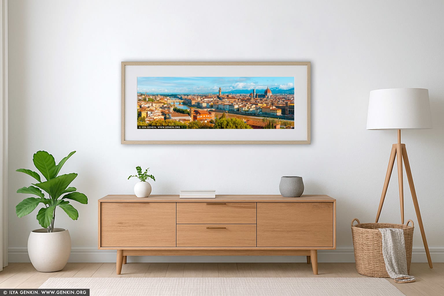 Panorama of Florence at Sunrise wall art in a minimalist living room interior