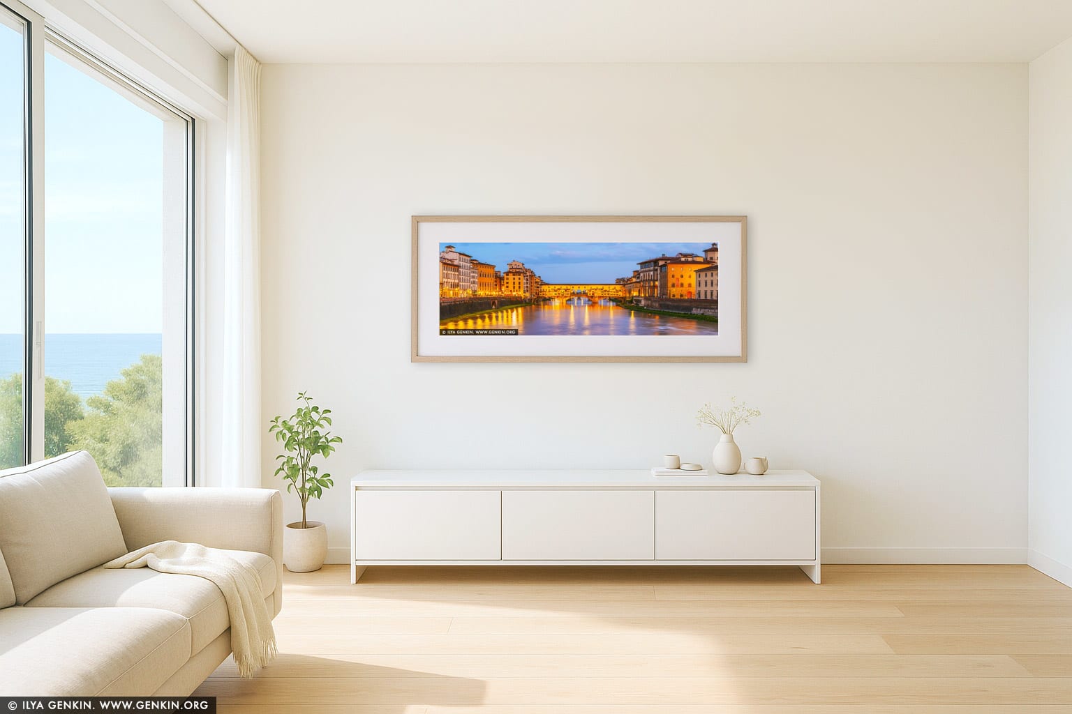 Golden Reflections on the Arno - Ponte Vecchio at Dawn wall art in a minimalist living room interior