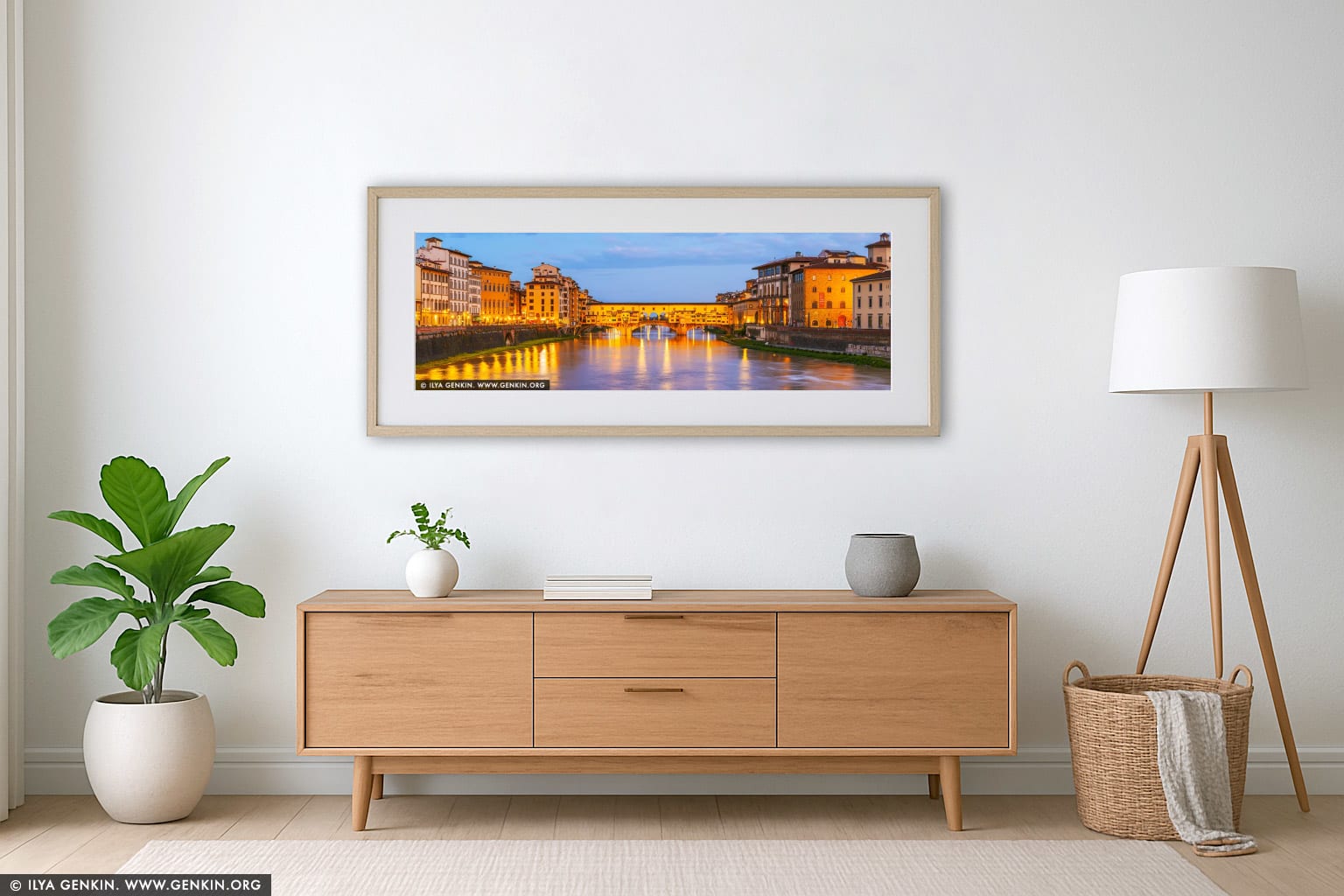Golden Reflections on the Arno - Ponte Vecchio at Dawn wall art in a luxury living room interior