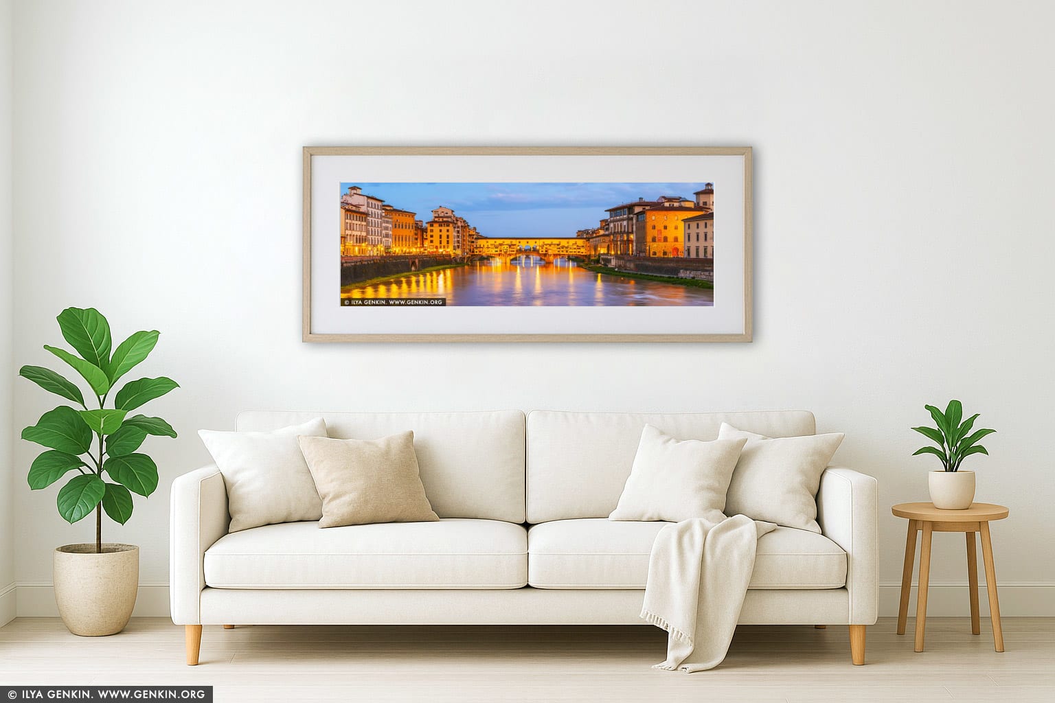 Golden Reflections on the Arno - Ponte Vecchio at Dawn wall art in a contemporary living room interior