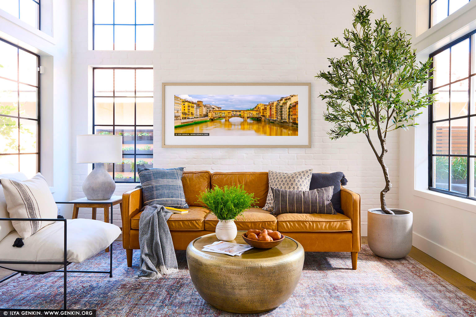 Timeless Charm of Ponte Vecchio in Soft Light wall art in a luxury living room interior