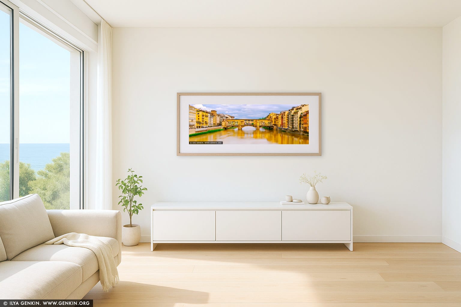 Timeless Charm of Ponte Vecchio in Soft Light wall art in a luxury living room interior