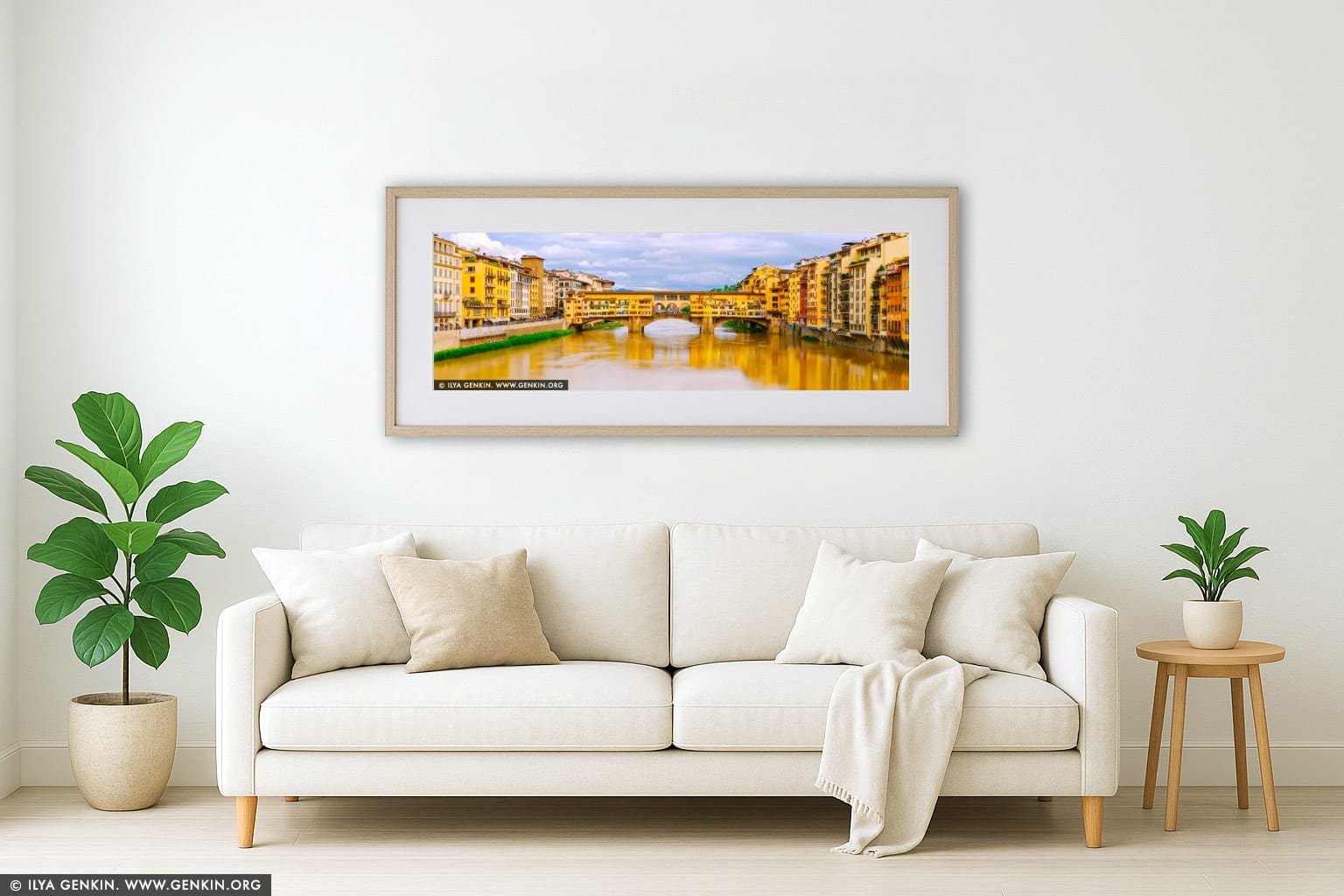 Timeless Charm of Ponte Vecchio in Soft Light wall art in a minimalist living room interior