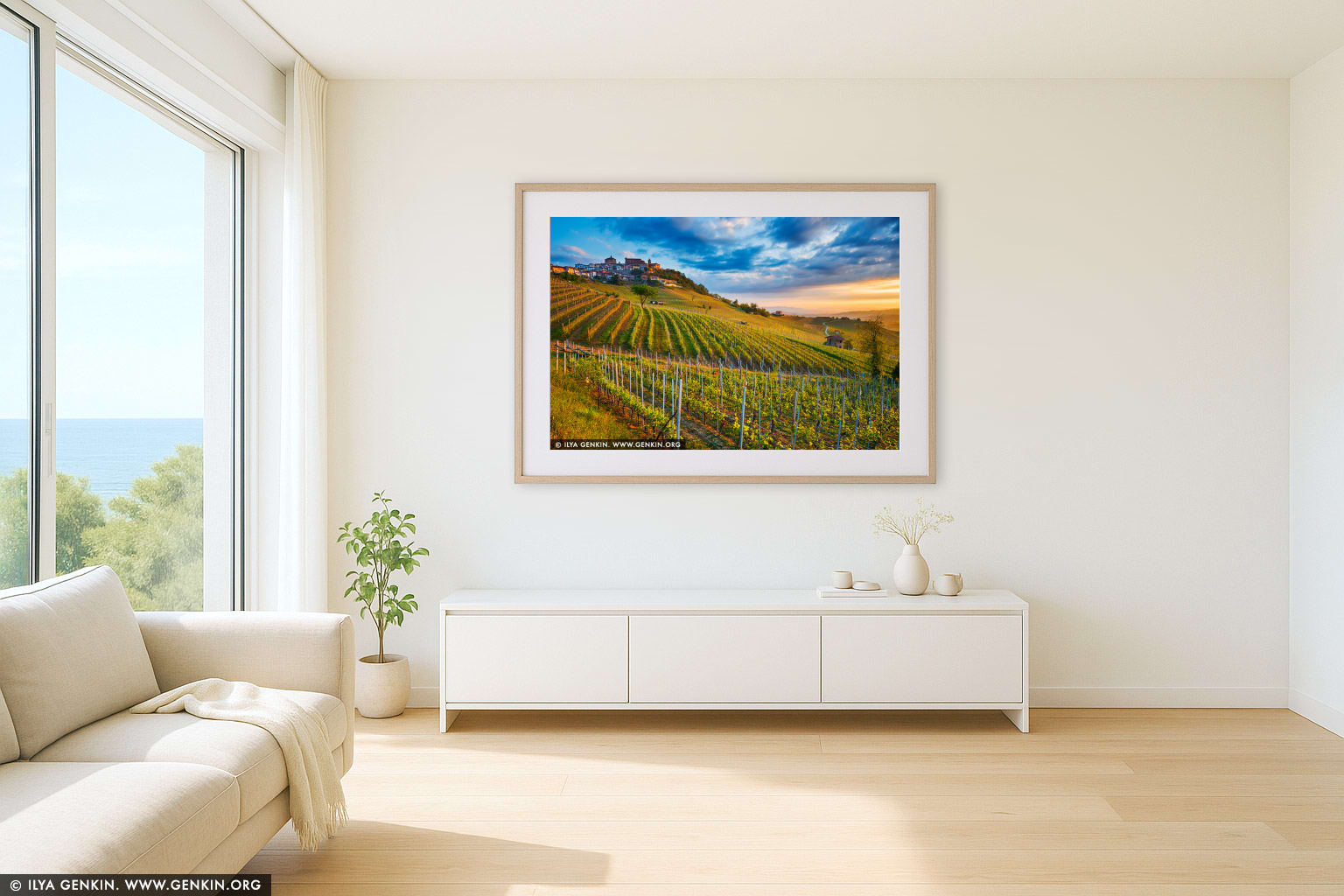 Sunrise at La Morra wall art in a modern living room interior