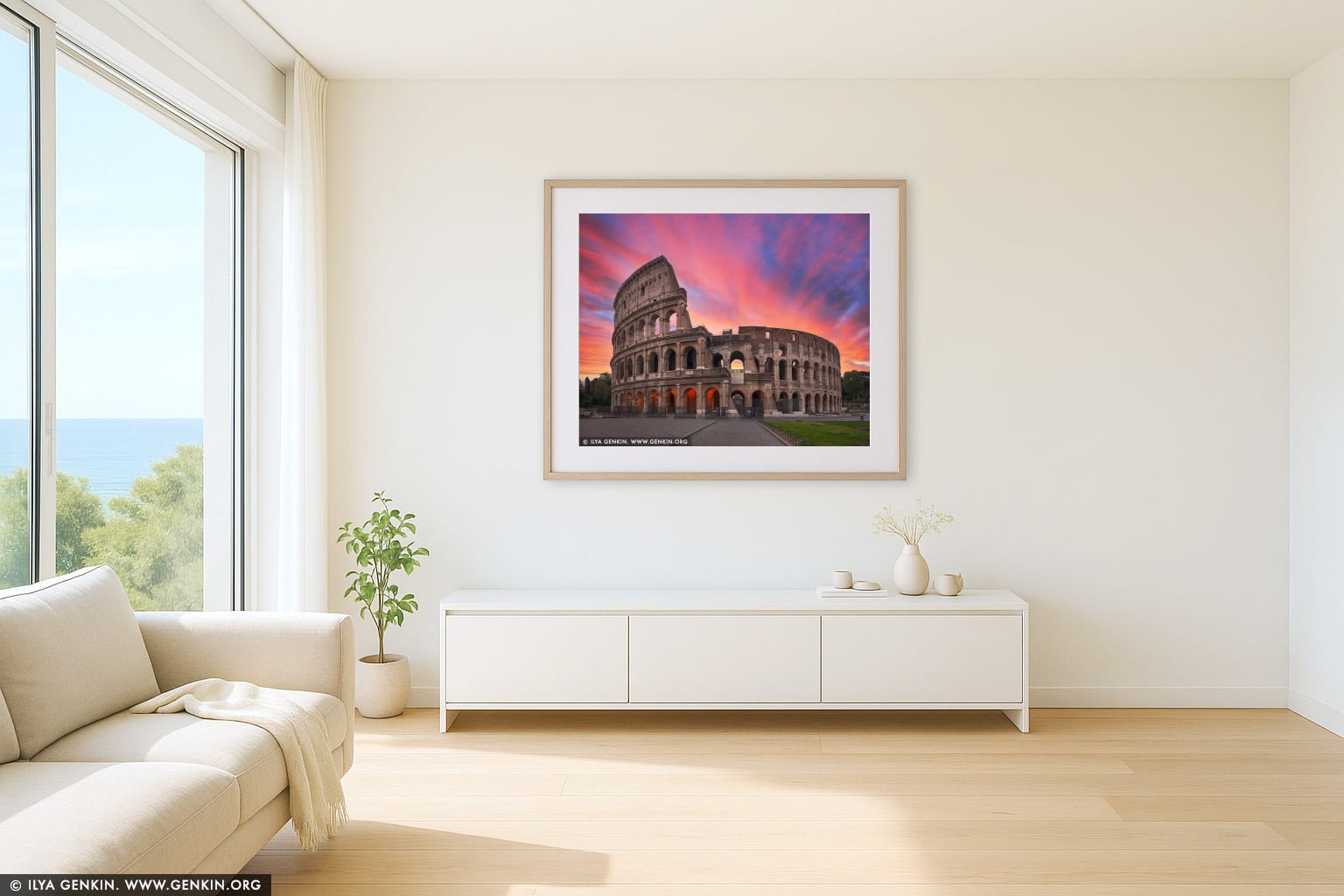 The Colosseum at Sunrise wall art in a contemporary living room interior