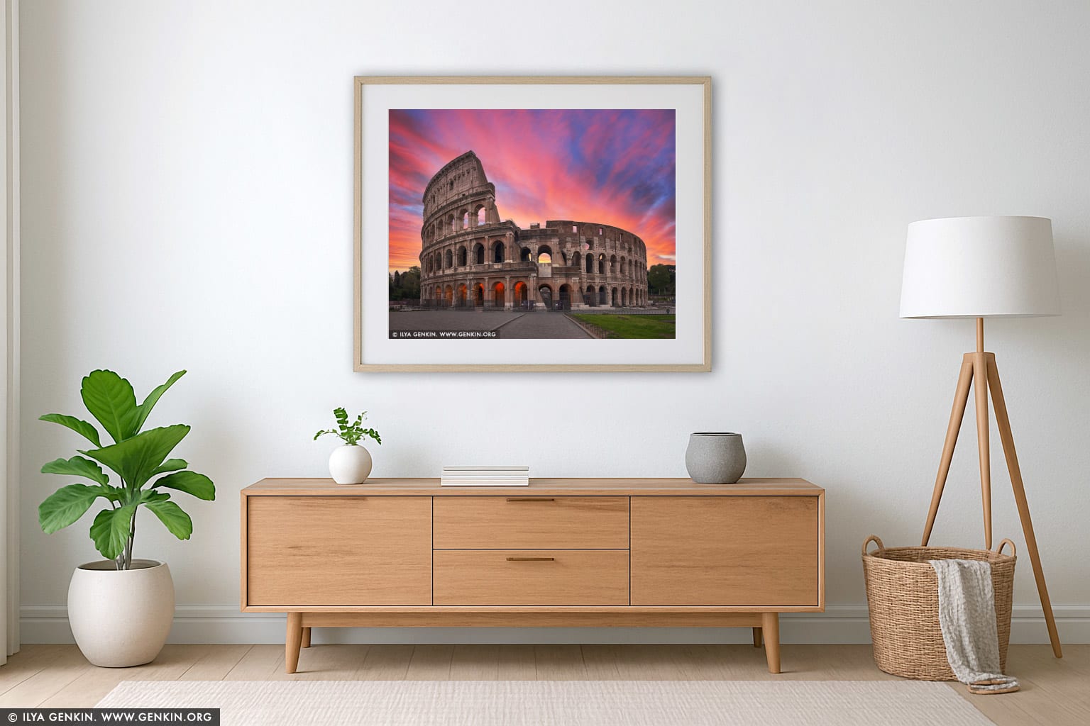 The Colosseum at Sunrise wall art in a minimalist living room interior