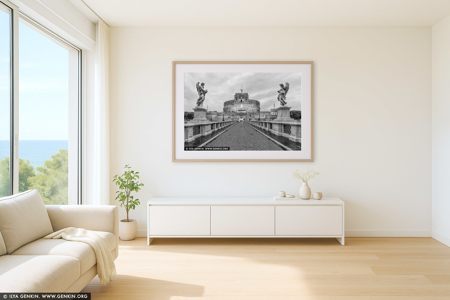 Echoes of Eternity: Ponte Sant'Angelo in Monochrome wall art in a contemporary living room interior