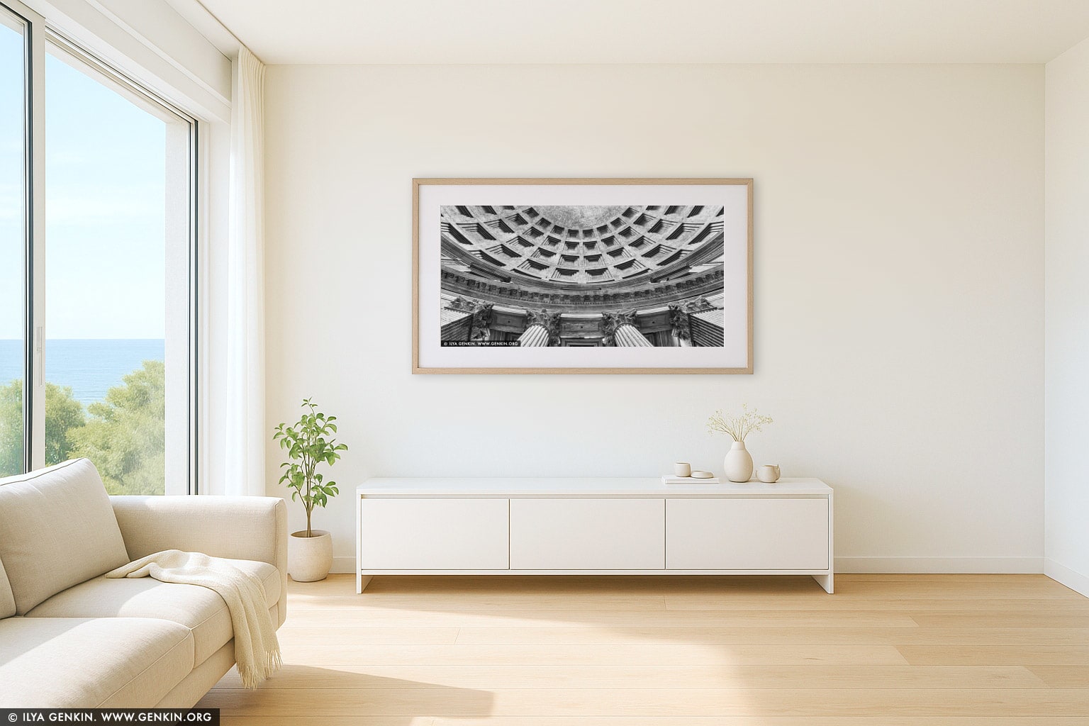 The Pantheon Dome wall art in a minimalist living room interior