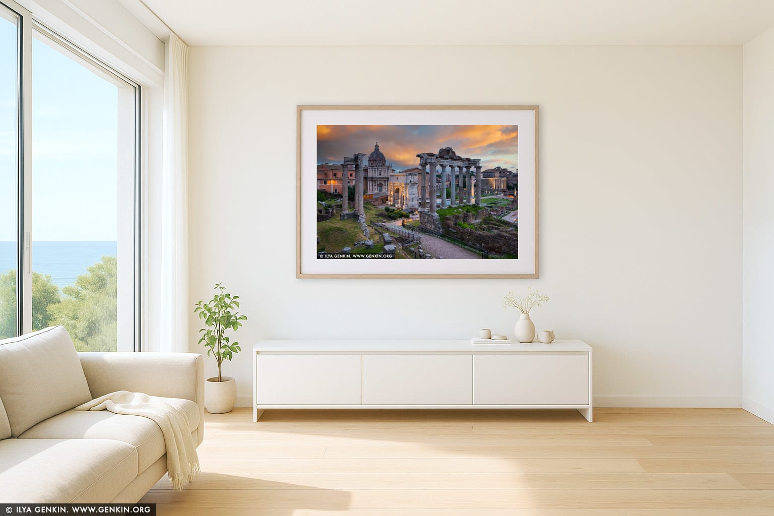 The Roman Forum at Sunrise wall art in a contemporary living room interior
