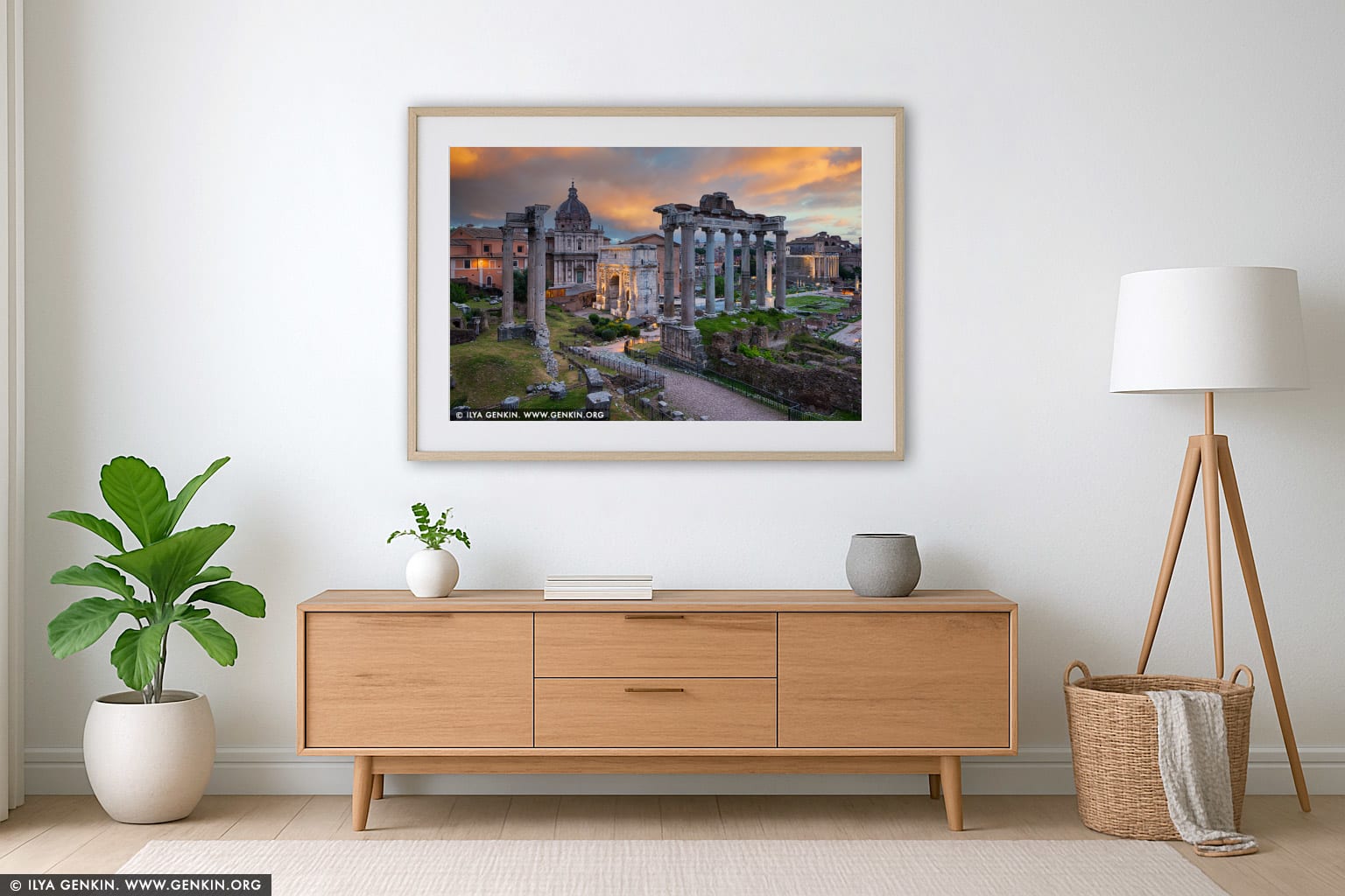 The Roman Forum at Sunrise wall art in a minimalist living room interior