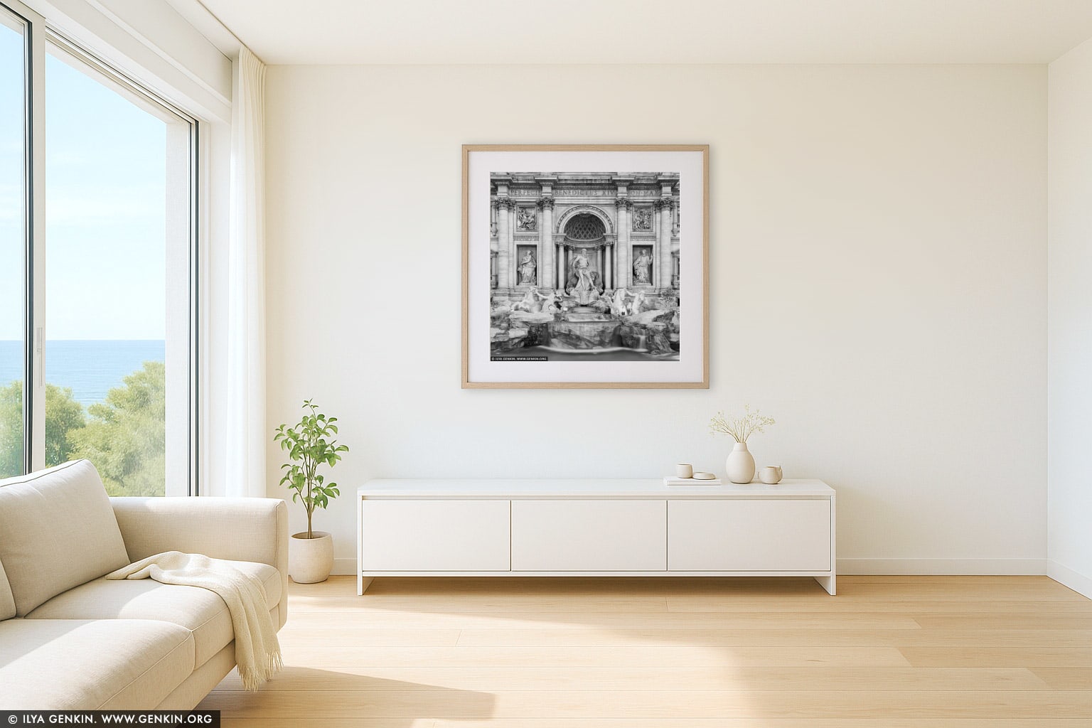 Monochrome Majesty: Trevi Fountain in Detail wall art in a minimalist living room interior