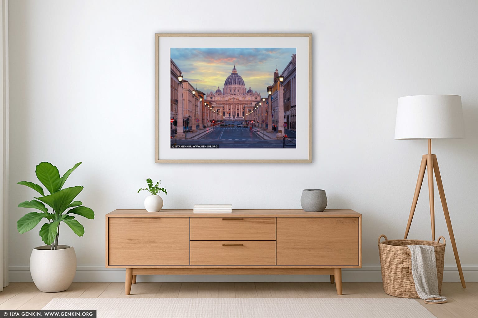 Saint Peter's Basilica at Sunset wall art in a minimalist living room interior