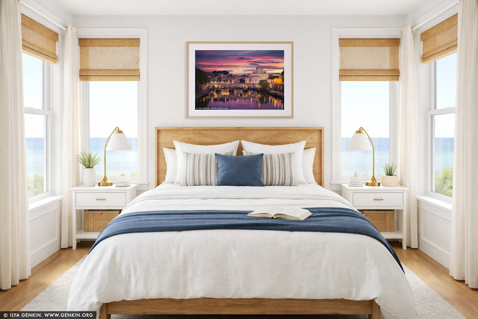 St. Angelo Bridge and Vatican City from Umberto I Bridge wall art in a bedroom interior