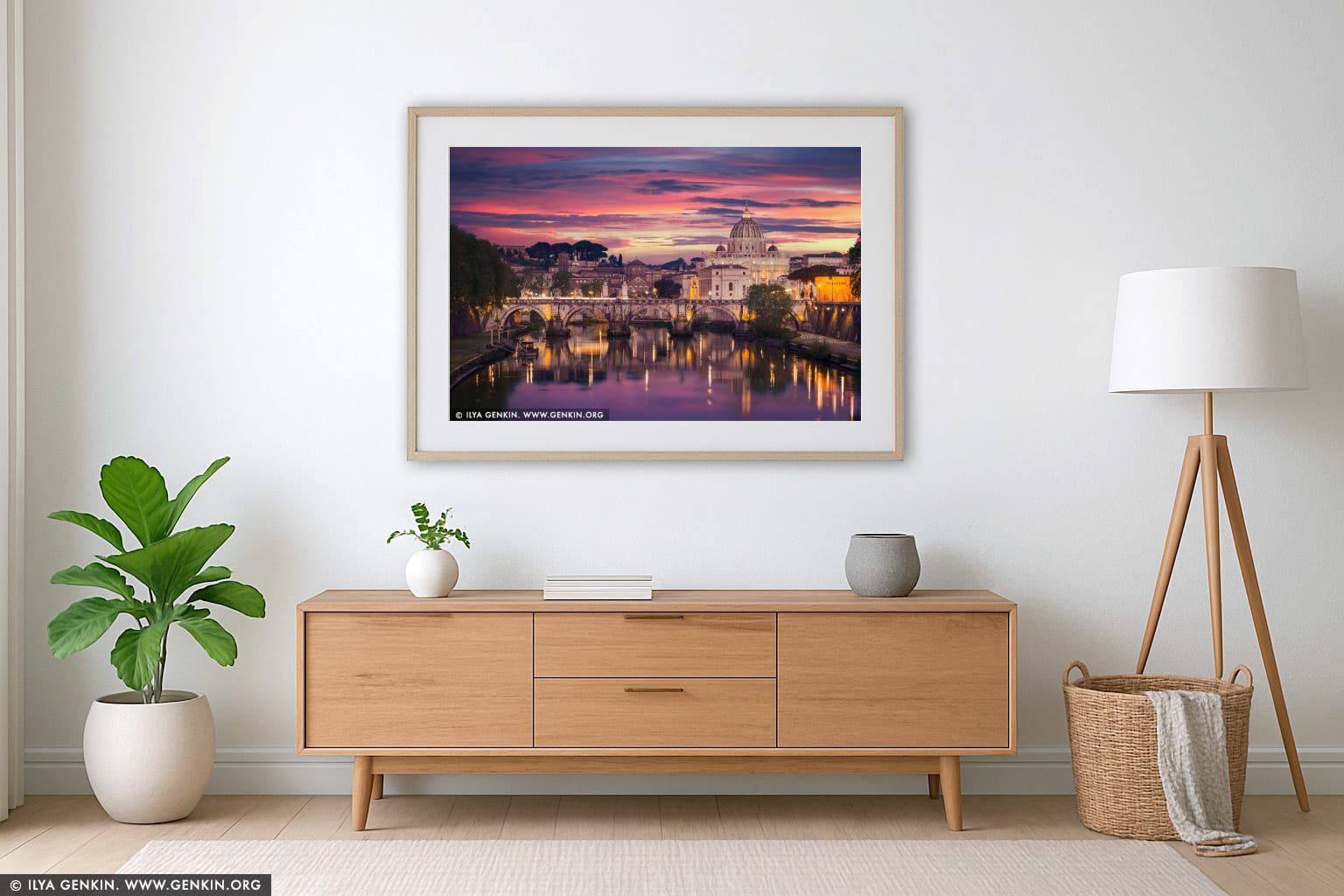 St. Angelo Bridge and Vatican City from Umberto I Bridge wall art in a luxury living room interior