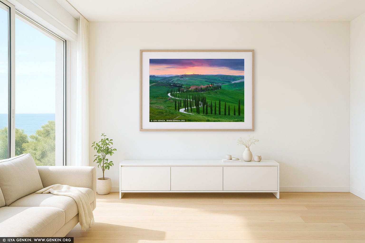 Sunset at Baccoleno wall art in a contemporary living room interior