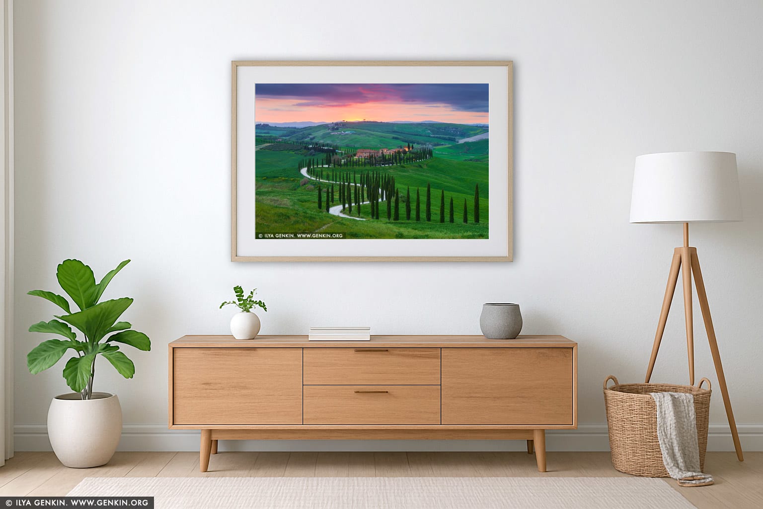 Sunset at Baccoleno wall art in a minimalist living room interior