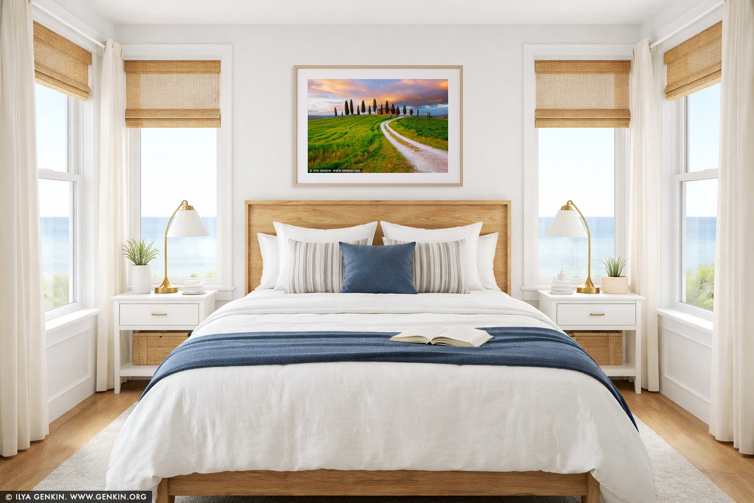 Sunset at Villa I Cipressini wall art in a bedroom interior