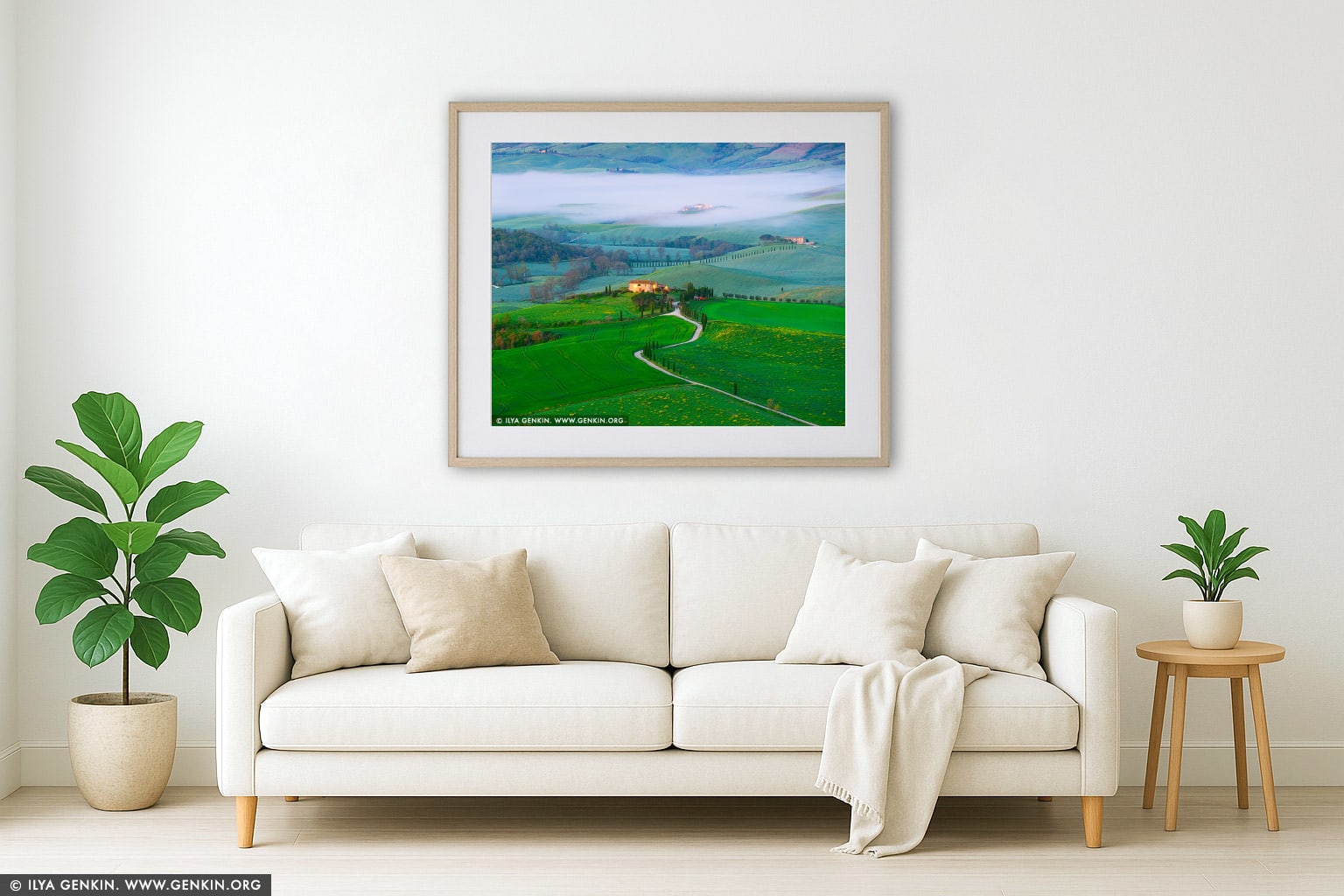 Early Morning at Val d'Orcia wall art in a minimalist living room interior