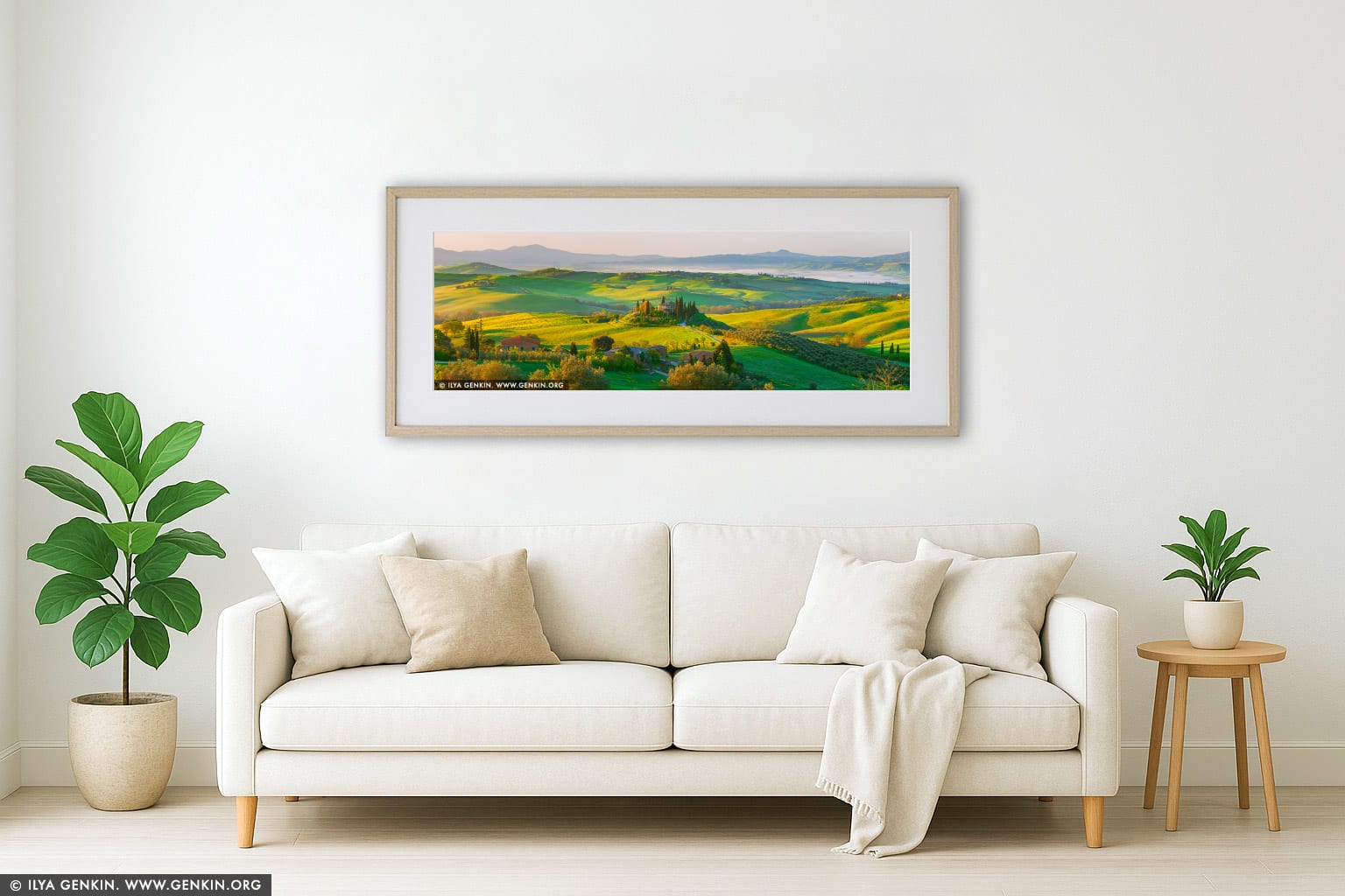 Podere Belvedere at Sunrise wall art in a minimalist living room interior