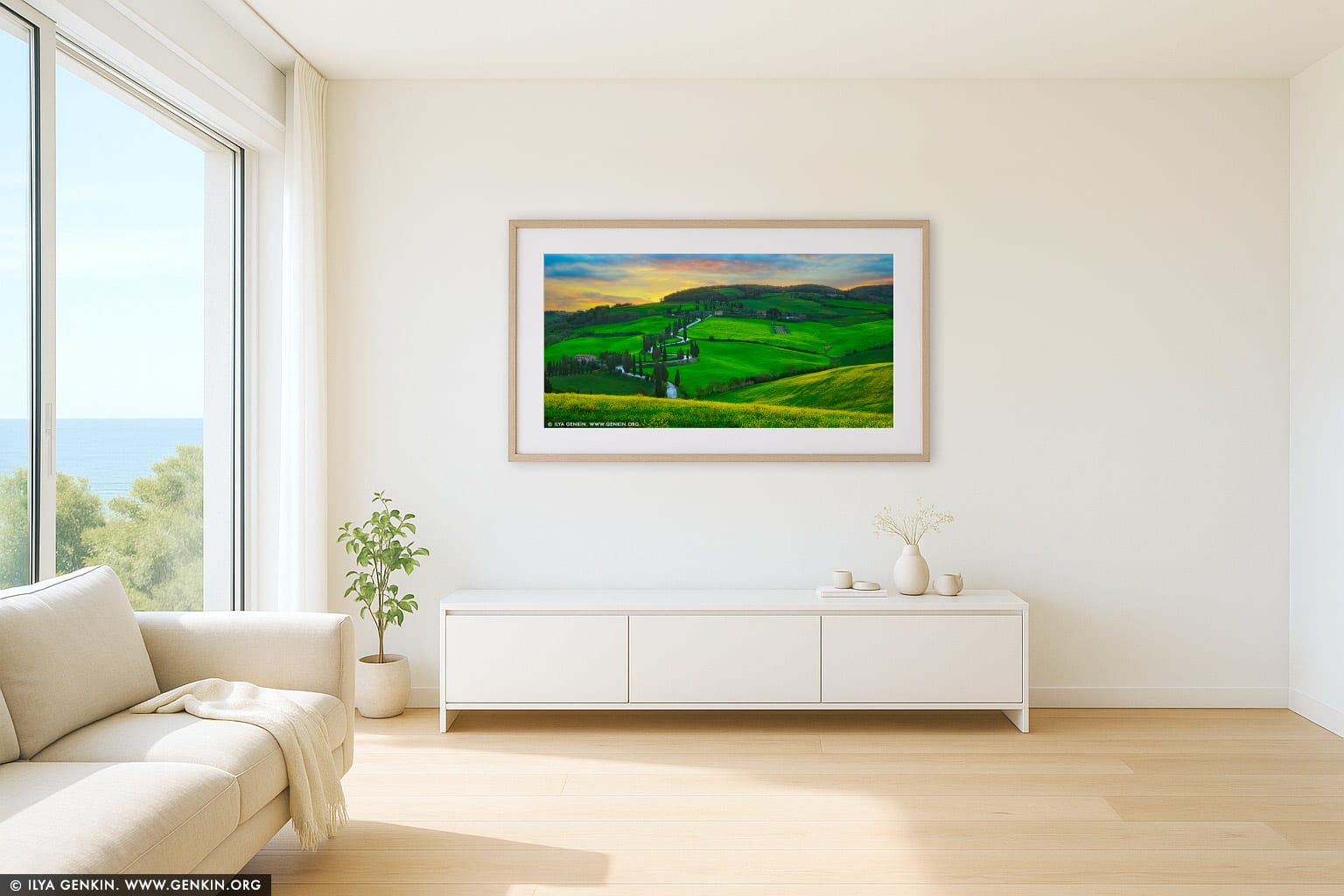 Cipressi di Monticchiello at Sunrise wall art in a modern living room interior