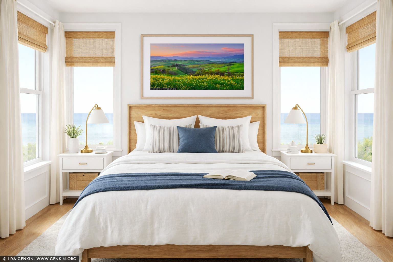 Early Morning at Val d'Orcia near Podere Belvedere wall art in a bedroom interior