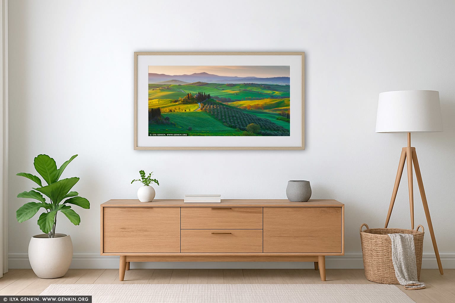 Podere Belvedere at Sunrise wall art in a minimalist living room interior
