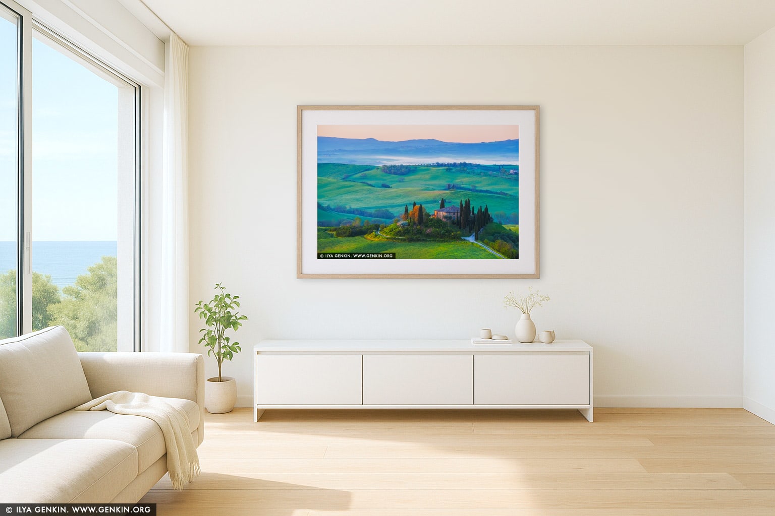 Podere Belvedere at Dawn wall art in a modern living room interior