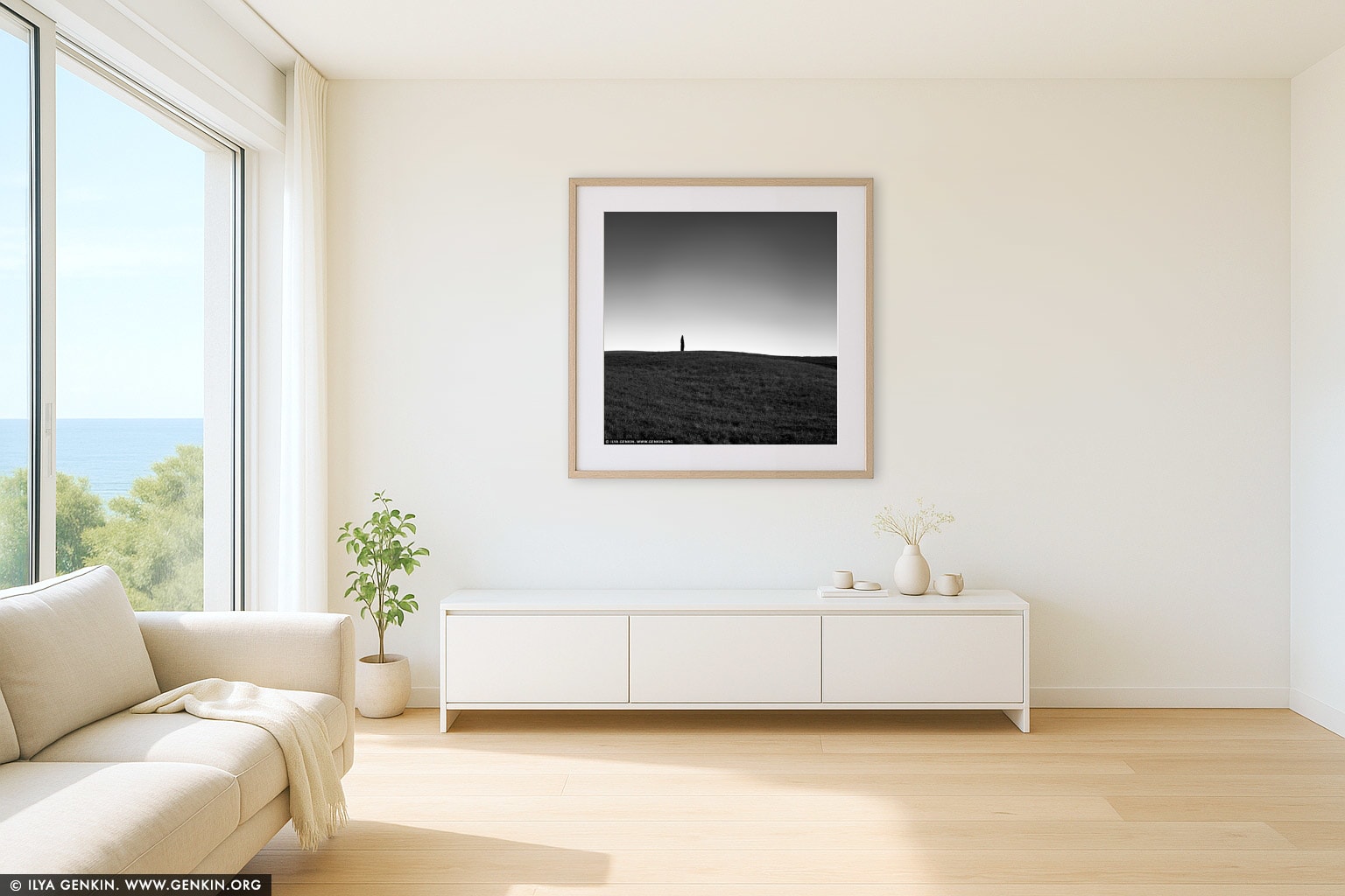 Lonely Cypress Tree at San Quirico d'Orcia wall art in a minimalist living room interior